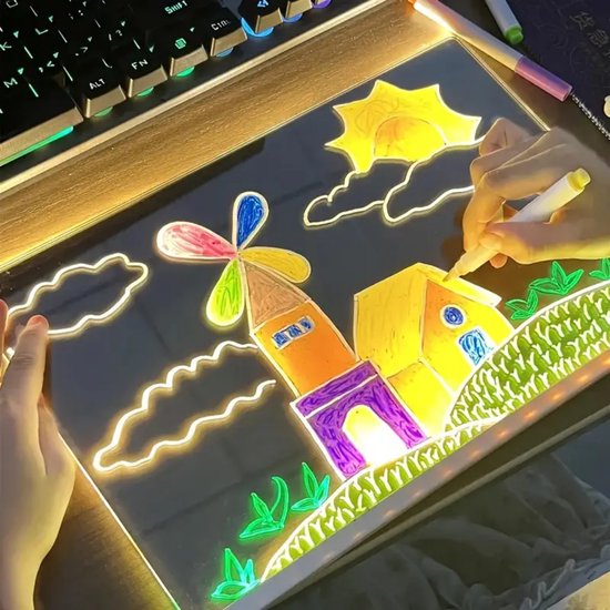 Tablette Lumineuse à Dessin LED 30x20 Cm – 7 Stylos Néons, Effaçable, Pour Enfants, Déco Ou Bureau - 2
