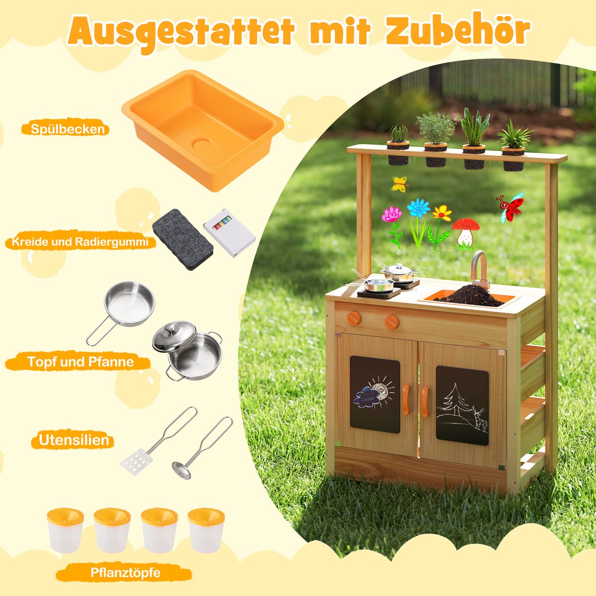 COSTWAY Modderkeuken voor kinderen, outdoor, kinderkeuken, hout met plantenpotten en kookaccessoires, speelkeuken met kraan, gootsteen en borden, outdoor keuken voor kinderen vanaf 3 jaar — afbeelding 3