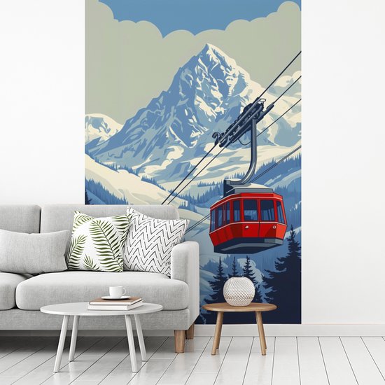 Behang - Fotobehang Kabelbaan - Sneeuw - Berglandschap - Breedte 200 cm x hoogte 300 cm