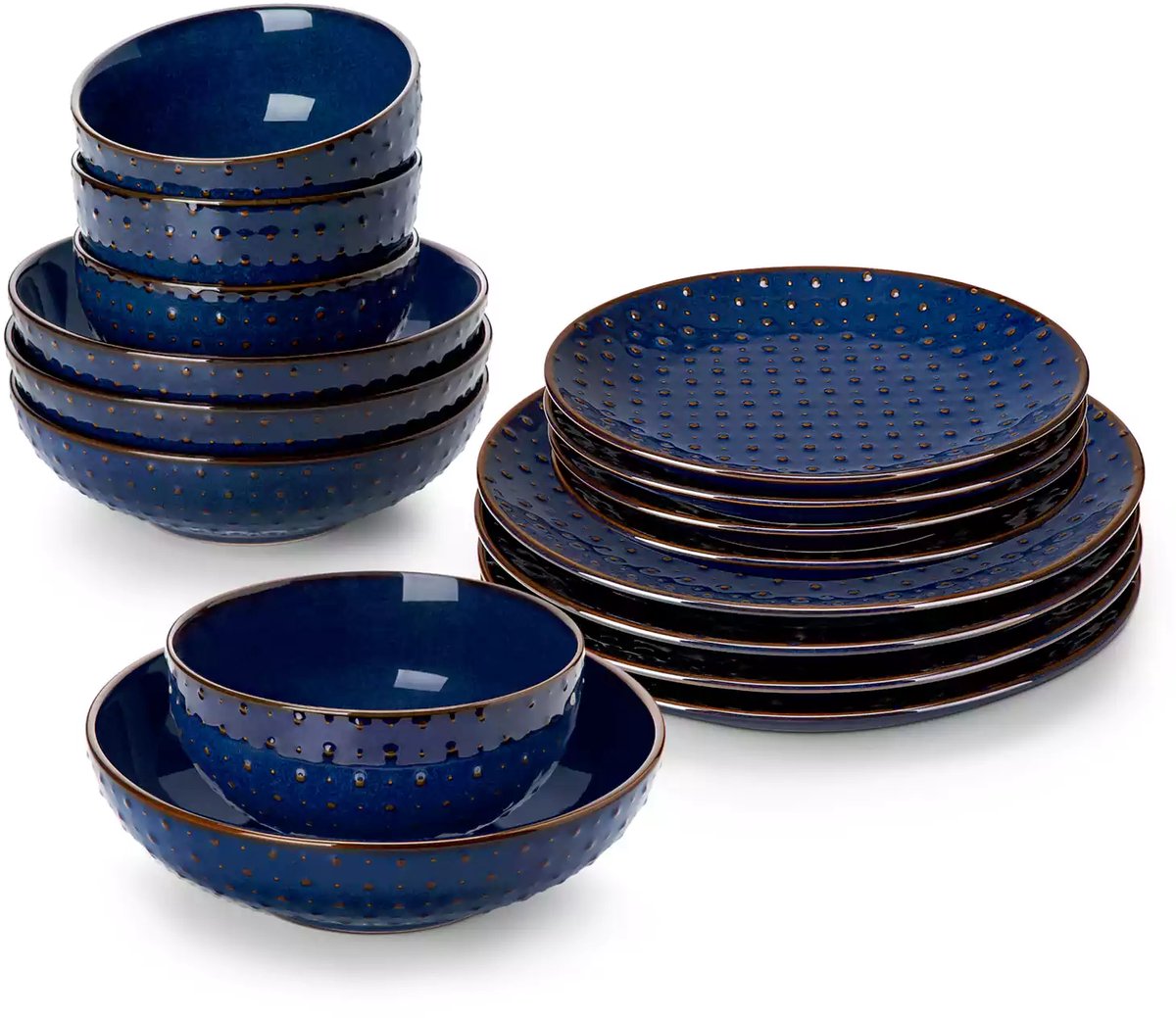 Serviesset - 4 Persoons Servies - Stippen Patroon - Keramiek - Diner- en Dessertbord - Ontbijt- en Soepkom - 16-delige Set - Blauw