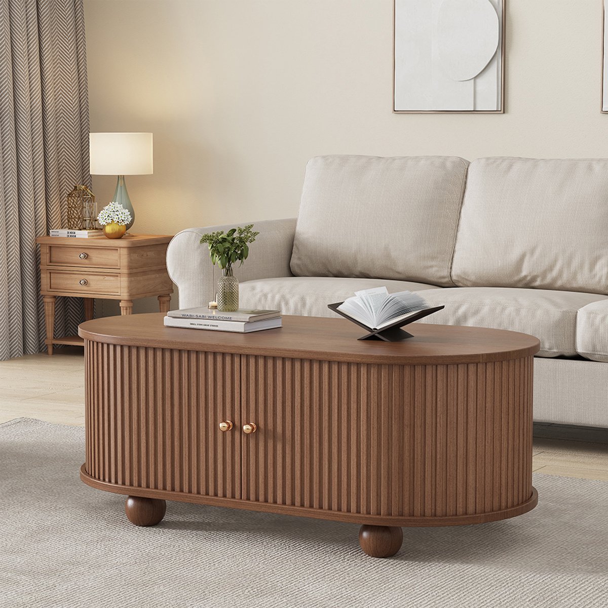BLACKCOLORS 100 * 50 * 40 cm Salontafel in notenhout met opbergruimte en schuifdeuren Multifunctioneel, ruimtebesparend meubel in houtkleuren, salontafel met 360 graden schuifdeur, salontafel met 4 poten