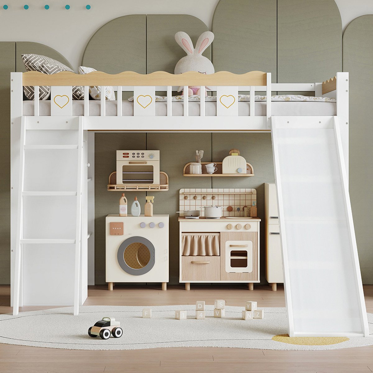 BLACKCOLORS Stapelbed, kinderbed, met glijbaan voor kinderen, kast en opbergruimte onder het bed, barrière aan vier zijden met verfijnde motieven, grenen + MDF + multiplex, wit + naturel, 90 x 200 cm