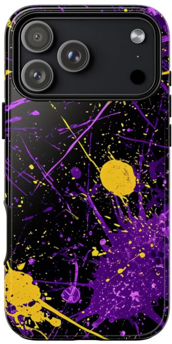 Paarse en Gele Verfspatten Abstract – Telefoonhoesje Geschikt voor iPhone 17 Pro Max