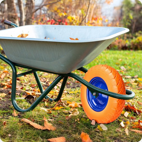 GARRONDA - PU Massief Wiel 4.80/4.00-8 lekvrij onderhoudsvrij tot 100 kg Kruiwagenwiel Vervangwiel Kruiwagen met As Stalen Velg Kogellager voor Tuinwagen Erf Bouwplaats GD-0165, Geel-Blauw van Garronda — afbeelding 4