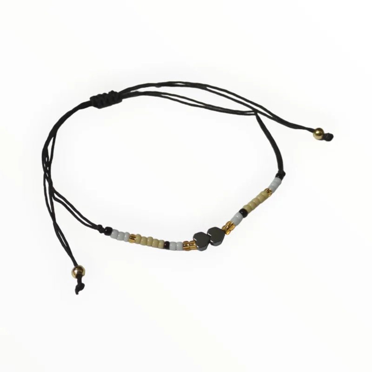 Aramat Jewels | Armbanden | Verstelbare Armband Hematiet Hartjes natuursteen | Wit-Zwart-Beige | |2mm | Metaal | Kinderen, Volwassenen | Verkleurd niet