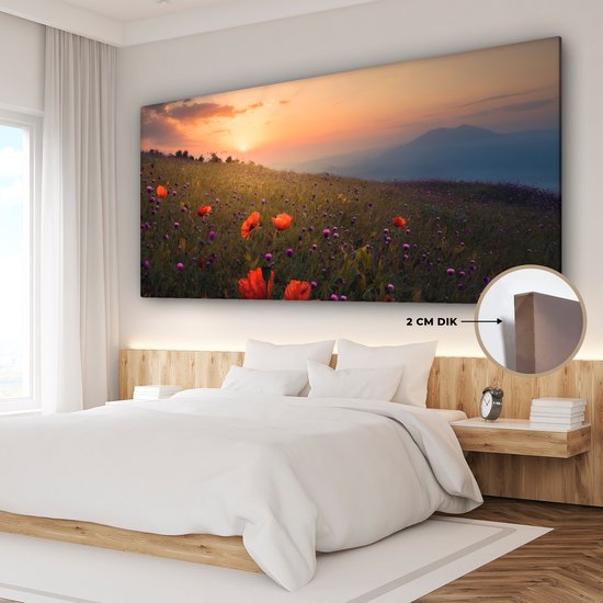 Canvas schilderij 200x100 cm - Wanddecoratie Bloemenveld - Gras - Bloemen - Planten - Zonsondergang - Oranje - Muurdecoratie woonkamer - Slaapkamer decoratie - Kamer accessoires - Schilderijen op canvas