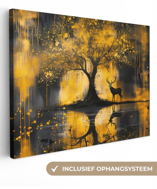 Canvas schilderij met gouden, abstracte boom en hert, weerspiegeld in water. Inclusief ophangsysteem.