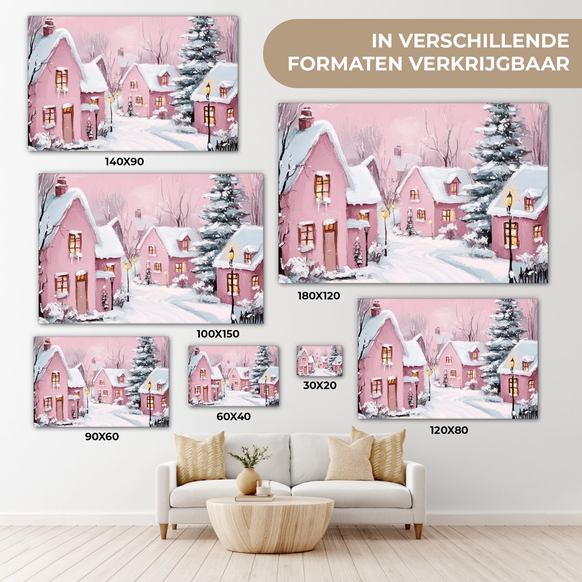 Canvas schilderij 140x90 cm - Wanddecoratie Kerstdorp - Roze - Winter - Sneeuw - Huizen - Muurdecoratie woonkamer - Slaapkamer decoratie - Kamer accessoires - Schilderijen op canvas - Kerstdecoratie voor binnen - Kerstversiering - Kerstmis versiering – foto 8