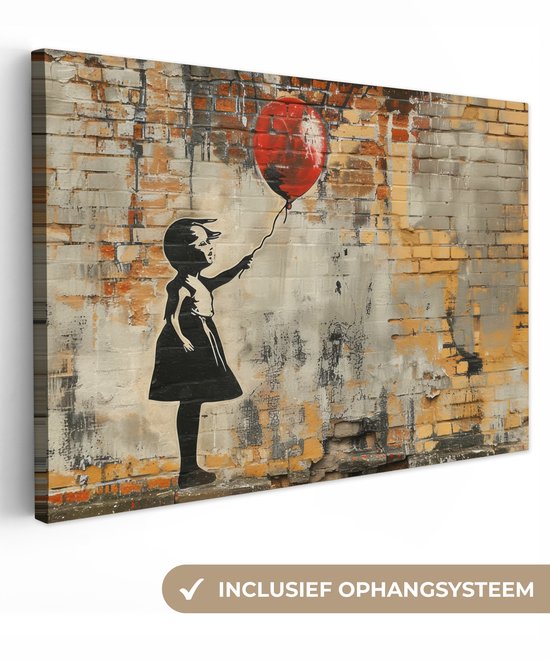 Peinture sur toile 120x80 cm - Décoration murale Graffiti - Style Banksy - Fille avec ballon - Décoration murale murale salon - Décoration chambre - Accessoires de chambre - Peintures