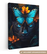Peinture sur toile 90x120 cm - Décoration murale Panthère - Papillon - Blauw - Fleurs - Nature - Décoration murale murale salon - Décoration chambre - Accessoires de chambre - Peintures