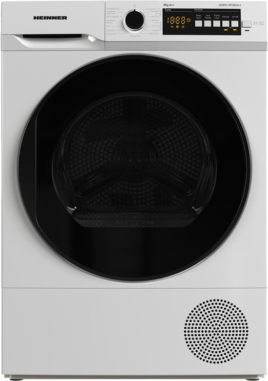 Sèche-linge pompe à chaleur Heinner – 9 kg – Classe énergétique A/E – 15 programmes de séchage – Affichage numérique – Fonction anti-froissage – Porte réversible – Sécurité enfant – Garantie 5 ans – Wit
