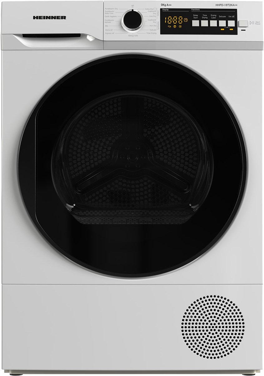 Heinner HHPD-V9T2KA++ Warmtepompdroger 9 kg – 15 Droogprogramma’s – Digitaal Display – Anti-kreukfunctie – Startuitstel – Omkeerbare Deur – Wit – 5 Jaar Garantie