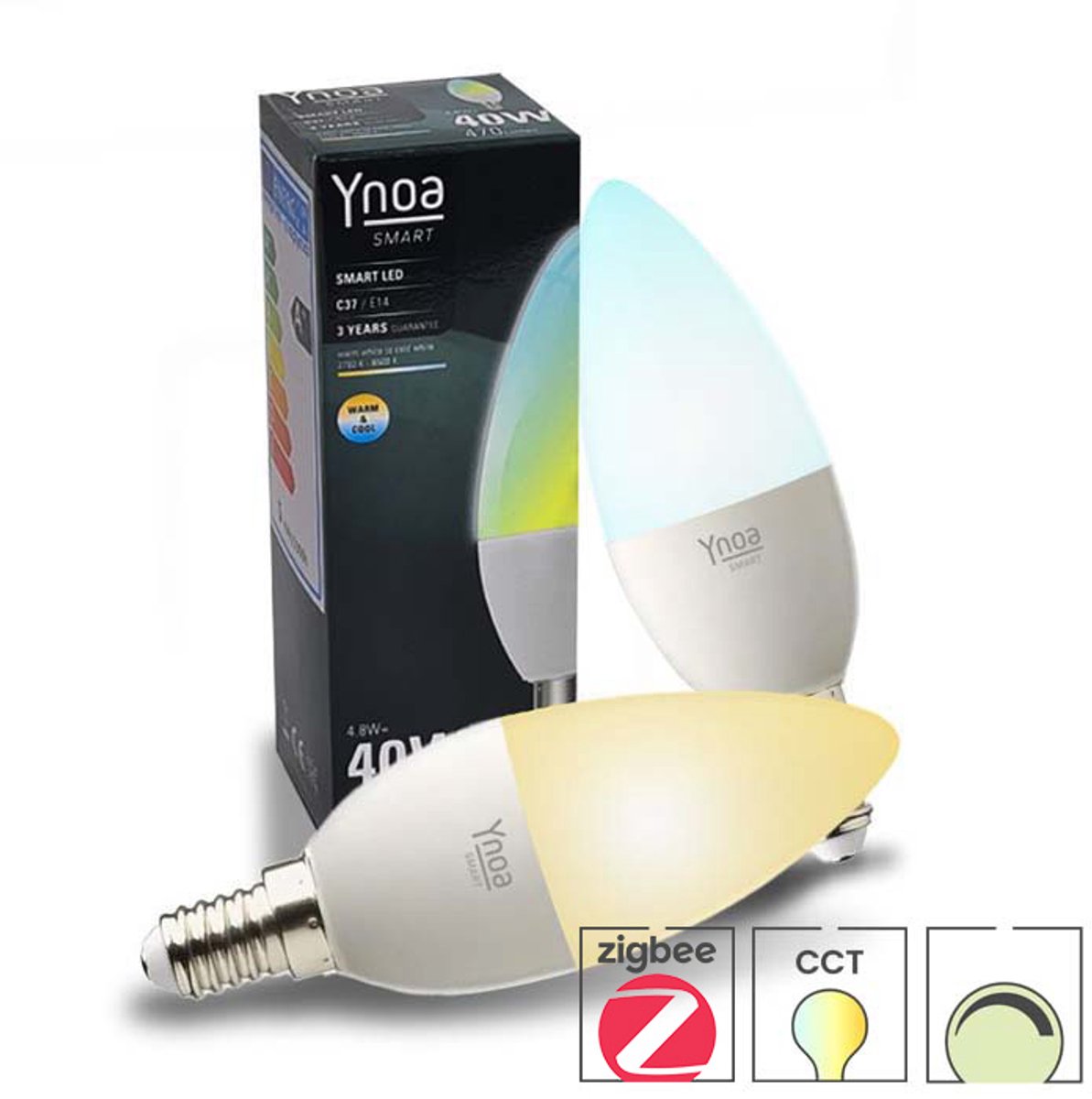 Ynoa Smart Lampen White Tones - E14 LED kaarslamp - Zigbee 3.0 - Dimbaar - CCT - Werkt met o.a. Philips Hue*, Samsung SmartThings en Amazon Echo (4e gen) - 2 Pack