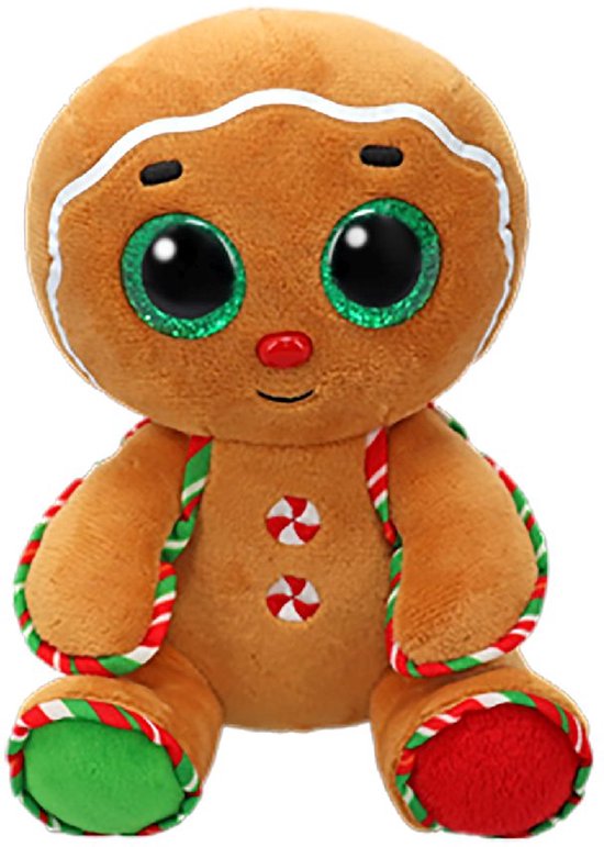 Knuffel in de vorm van een peperkoekman met grote, glinsterende groene ogen, witte icing-details en rode en groene randen.