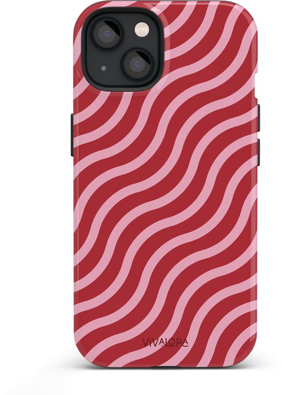 Coque de téléphone avec rayures ondulées bordeaux et rose.
