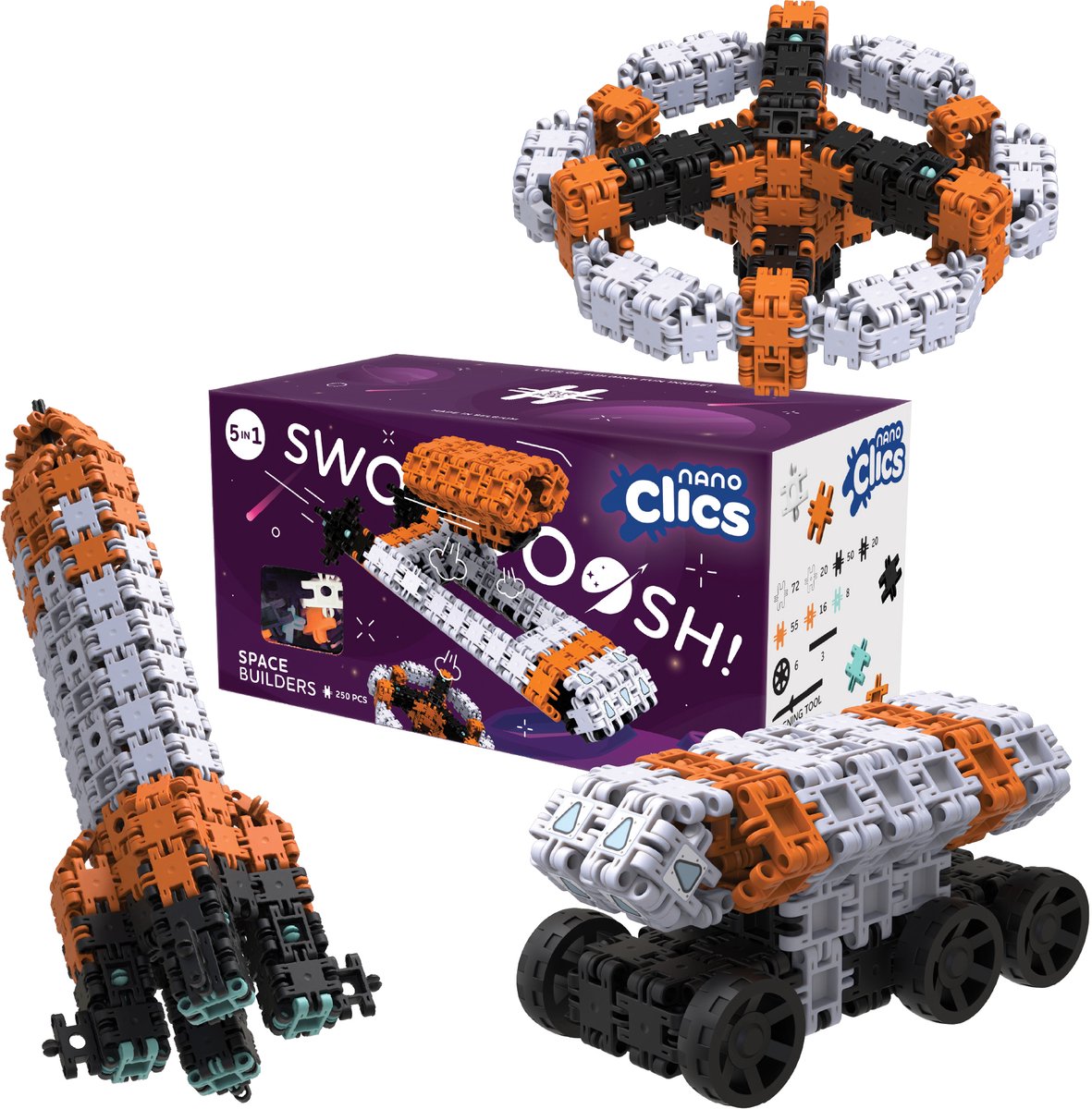 Nano Clics – Builders 250 Piece Set – 5 in 1 Bouwblokken – SPEELGOED Gemaakt Van 100% RECYCLED Plastic – Speelgoed 8, 9, 10, 11, 12 jaar – Constructie Speelgoed