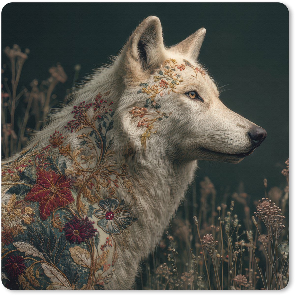 Muismat XXL 60x60 cm - Bureau onderlegger - Bureau mat Wolf - Bloemen - Natuur - Bureaumat - Gaming mousepad xl - Bureaulegger groot - Computer deskmat