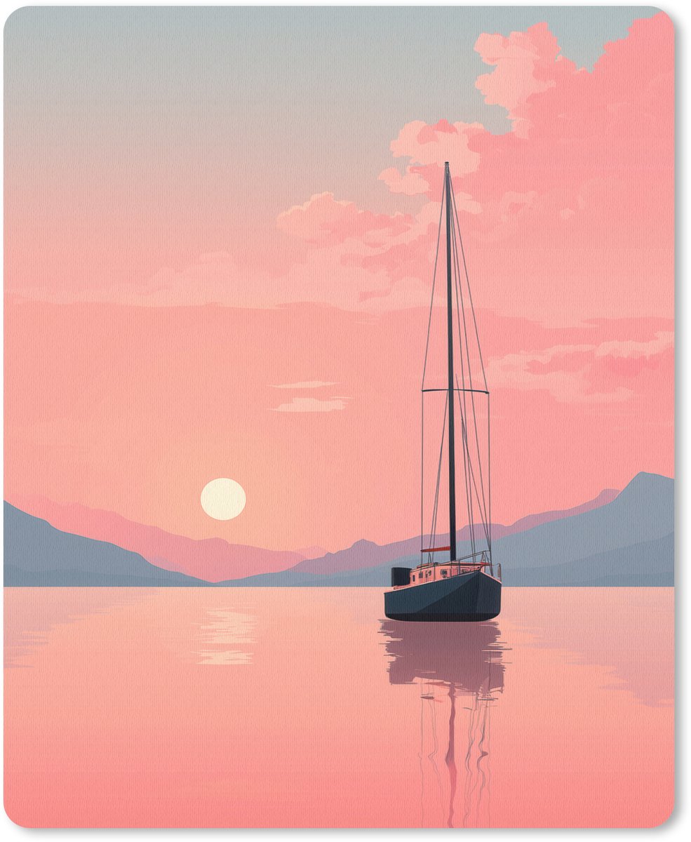 Muismat 19x23 cm - Mousepad Zeilboot - Roze zee - Zonsondergang - Bergen - Muismatten