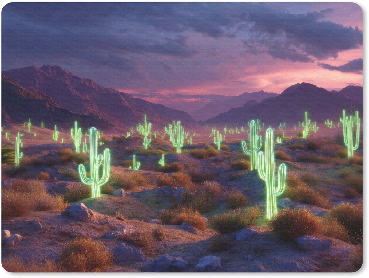 Muismat 23x19 cm - Mousepad Neon cactussen - Woestijn - Zonsondergang - Muismatten