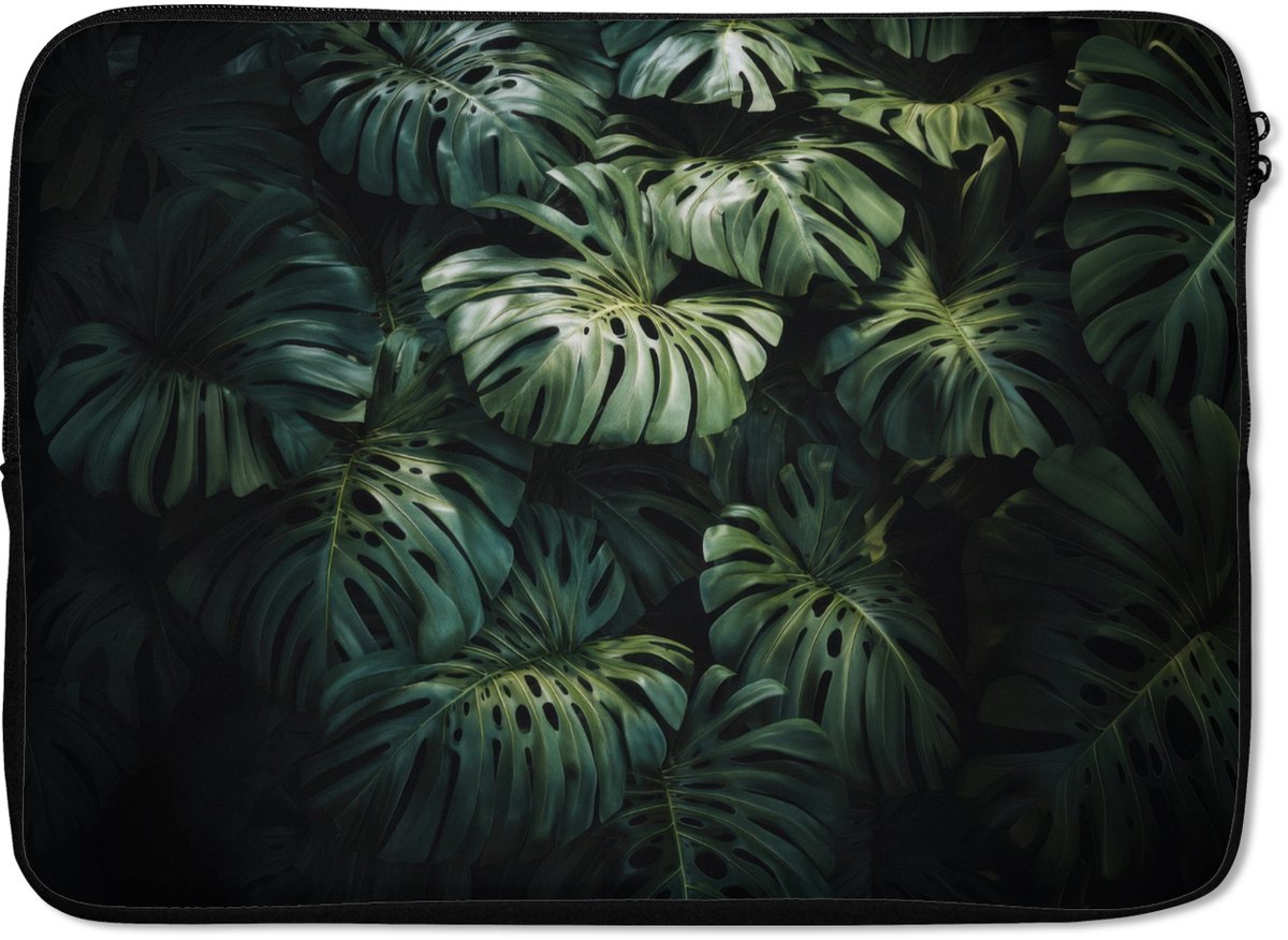 Laptophoes 13 inch - Plant - Monstera - Lichtinval - Laptop sleeve - Binnenmaat 32x22,5 cm - Zwarte achterkant