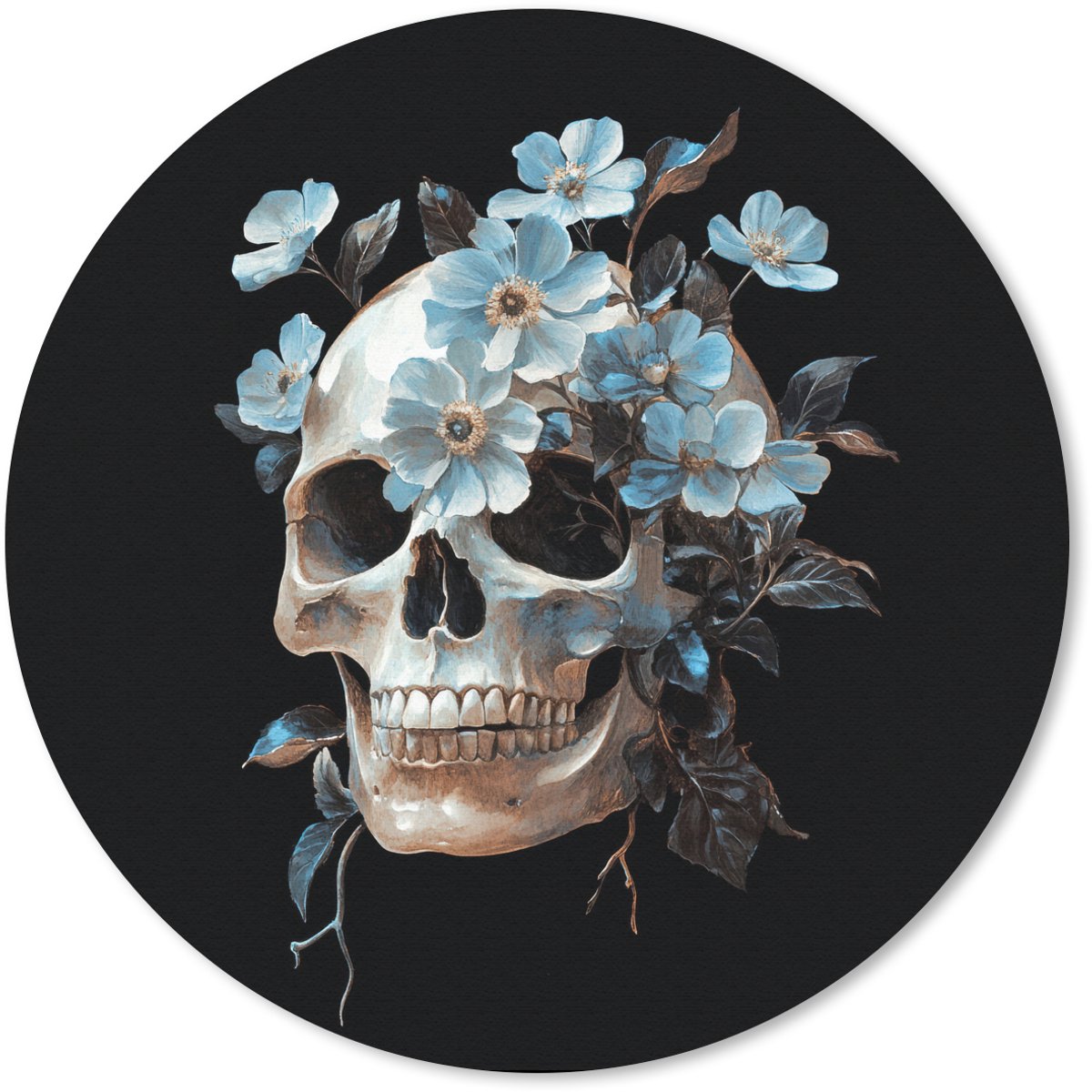 Muismat rond 30x30 cm - Mousepad Schedel - Blauw - Bloemen - Bladeren - Ronde muismatten