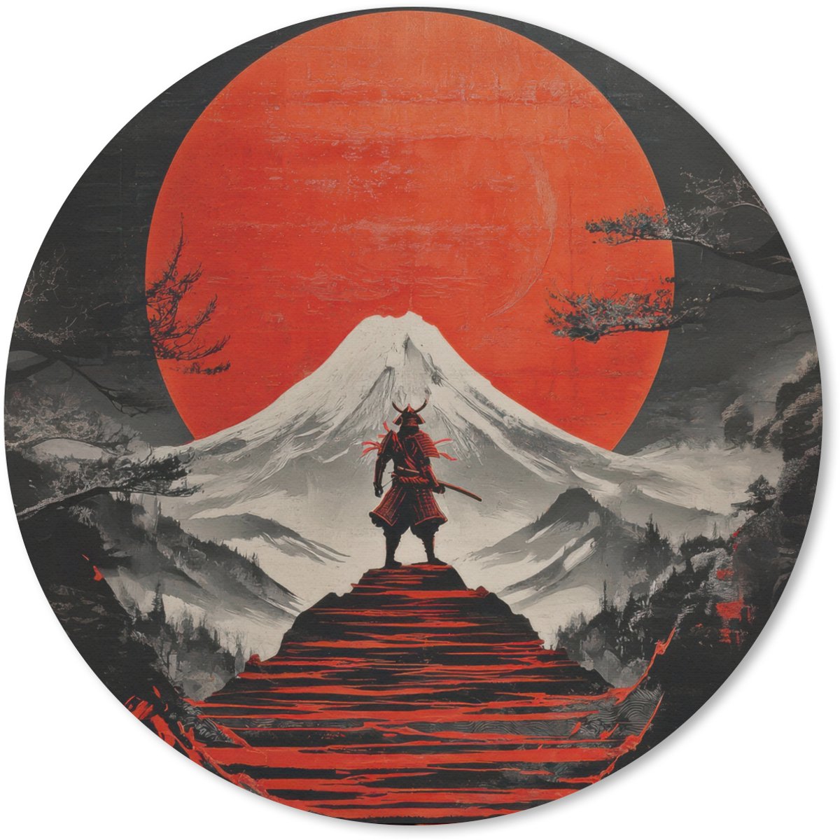 Muismat rond 20x20 cm - Mousepad Krijger - Rode trappen - Zon - Berg - Ronde muismatten