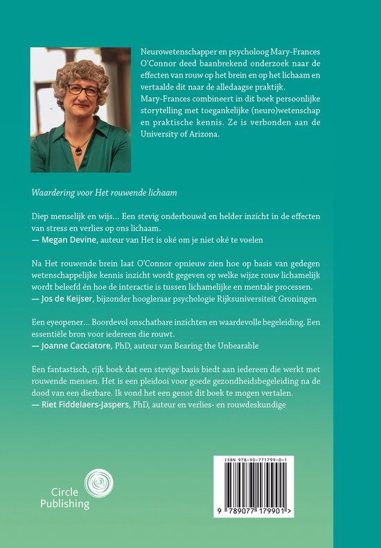 Achterkant van een boek met een foto van Mary-Frances O'Connor, Phd, en tekst over het boek.
