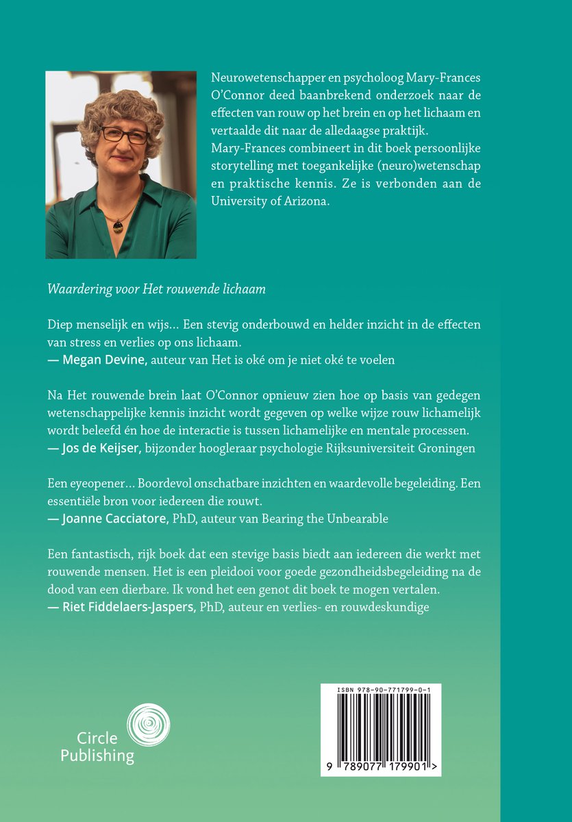 Achterkant van een boek met een foto van Mary-Frances O'Connor, Phd, en tekst over het boek.