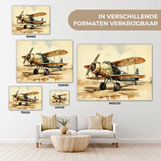 Peinture sur toile 80x60 cm - Décoration murale Vintage - Avion - Water - Beige - Véhicule - Décoration murale salon - Décoration chambre - Accessoires de chambre - Peintures