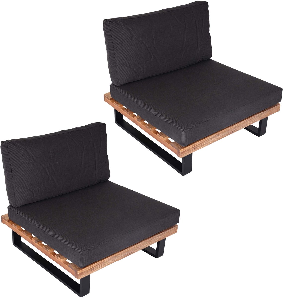 Set van 2 loungestoelen MCW-H54, tuinstoelen, gesponnen poly acacia hout FSC-gecertificeerd aluminium ~ lichtbruin, kussen donkergrijs