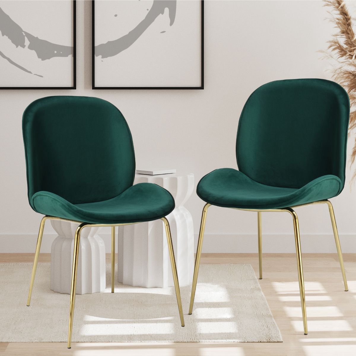 Floraya - Set 2 eetkamerstoelen Charlize - Groen/Goud - Velours - 51x63x80cm (LxBxH) - Draagkracht 100KG