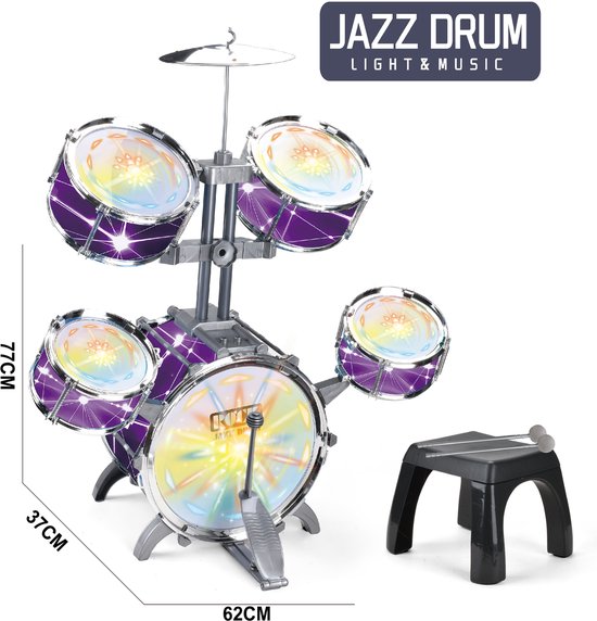 WK kinderdrumstel XXL – LED-verlichting – slagvaste drumvellen – paars