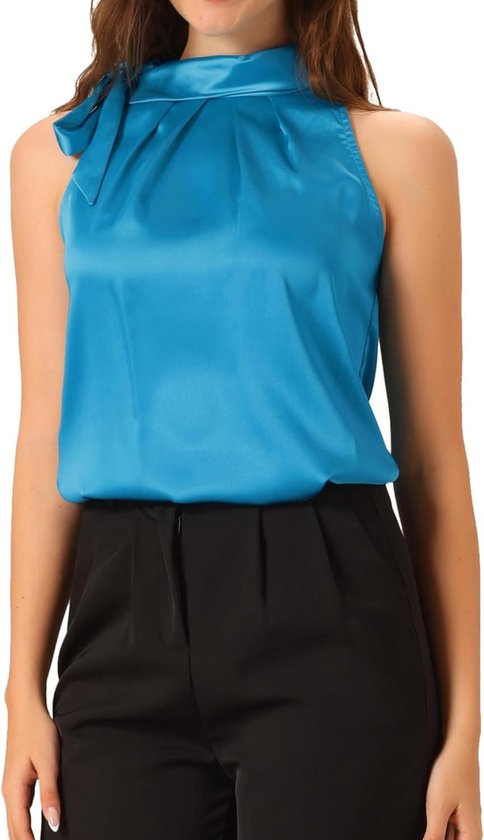 Top femme sans manches en satin à volants et col montant, bleu glacier, taille M - Chemisier Chique avec détail nœud