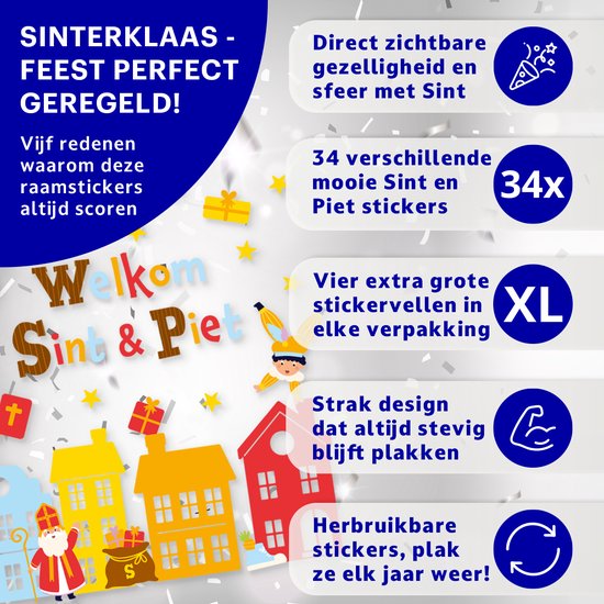 Overzicht van raamstickers met Sinterklaas, Piet, cadeaus, sterren en gekleurde huisjes. Afmetingen 21 x 29,7 cm.