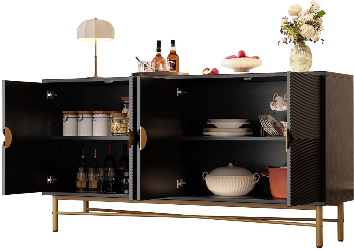 Merax Sideboard met Luxe Structuur – 160×40×82 cm – Zwart – 4 Deuren – Hoogglans Poten – Geborstelde Gouden Handgrepen – Opbergkast voor Woonkamer of Eetkamer