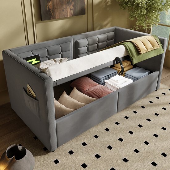 Lit cofe double 140x190 cm ,lit adulte en velours gris avec tiroirs et tête de Lit cofe double 140x190 cm ,lit adulte en velours gris avec tiroirs et tête de