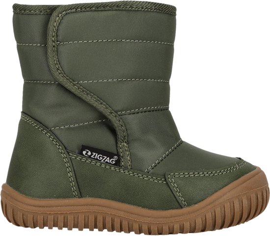 Groene ZIGZAG winterlaars met bruine zool en gewatteerd bovenwerk.