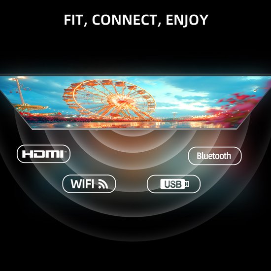 CHIQ TV: FIT, CONNECT, ENJOY. Scherm toont een kermis. Verbindingsopties: HDMI, WiFi, USB, Bluetooth.