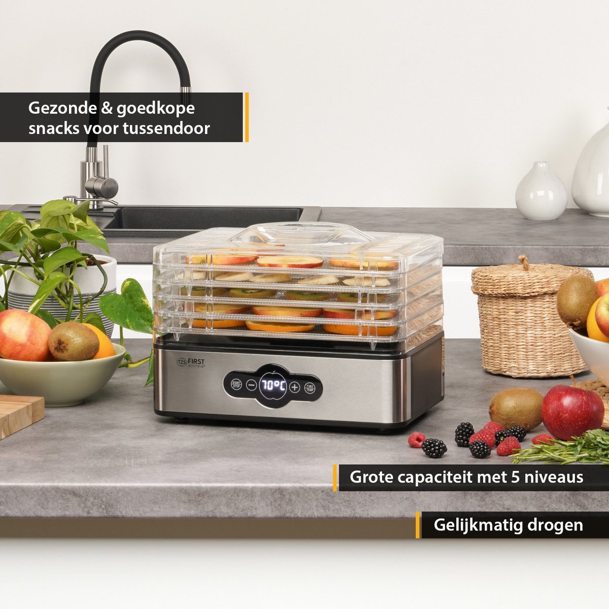 TZS First Austria Dörrautomat | Dörrgerät für Obst, Kräuter, Pilze & Fleisch | digital mit Timer & Temperaturregler 35-70°C | 5 Etagen, Einlageböden BPA frei, Dörrapparat mit Zeitschaltuhr