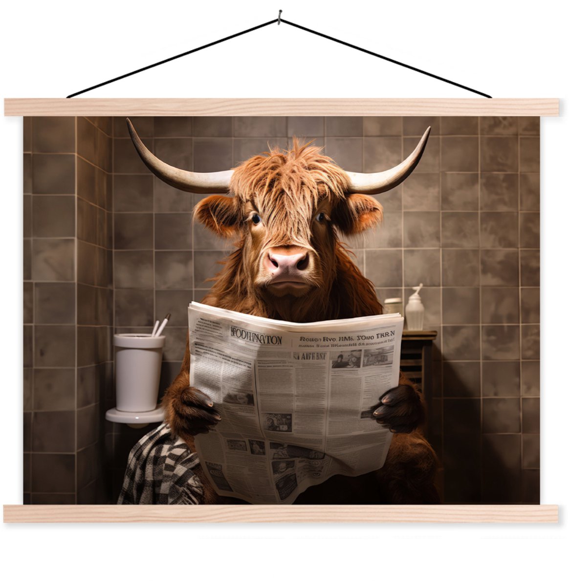 Posterhanger incl. Poster 40x30 cm - Schoolplaat - Schotse hooglander - Krant - Toilet - T