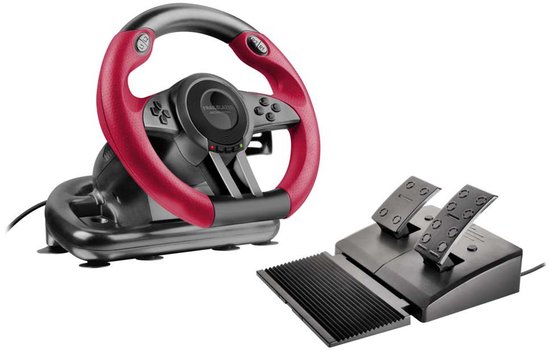 Zwart race stuur met rode grip, plus aparte pedalen.