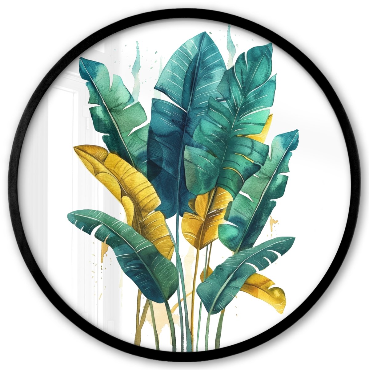 FrameYourWall Poster in lijst Rond - Fotolijst 40x40 cm - Posters - Bladeren - Groen - Tropisch - Goud - Natuur - Ronde posterlijst zwart - Decoratie - Wanddecoratie woonkamer - Muurdecoratie slaapkamer
