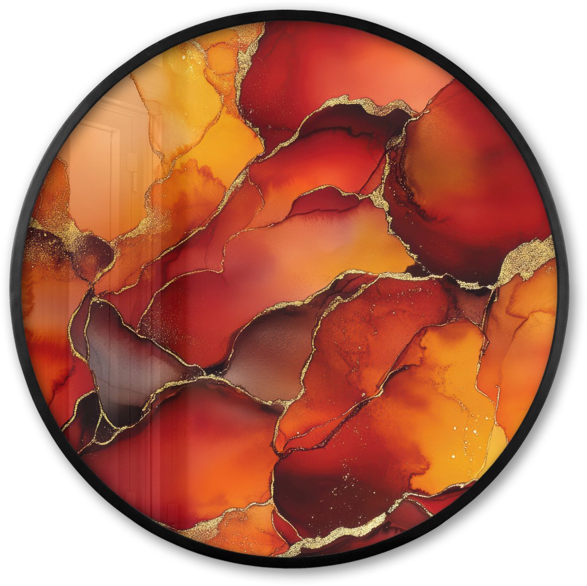 FrameYourWall Poster in lijst Rond - Fotolijst 60x60 cm - Posters - Rood - Marmer - Goud - Herfst kleuren - Abstract - Ronde posterlijst zwart - Decoratie - Wanddecoratie woonkamer - Muurdecoratie slaapkamer