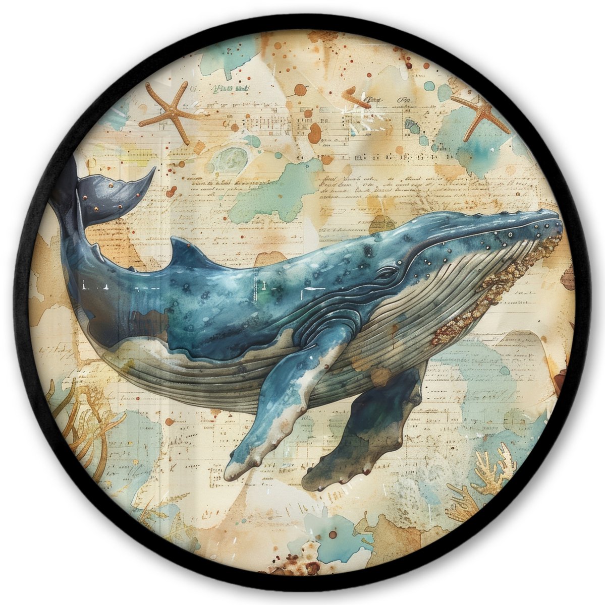 FrameYourWall Poster in lijst Rond - Fotolijst 40x40 cm - Posters - Vintage - Walvis - Watercolor - Blauw - Zeedieren - Ronde posterlijst zwart - Decoratie - Wanddecoratie woonkamer - Muurdecoratie slaapkamer Walvis - Zee