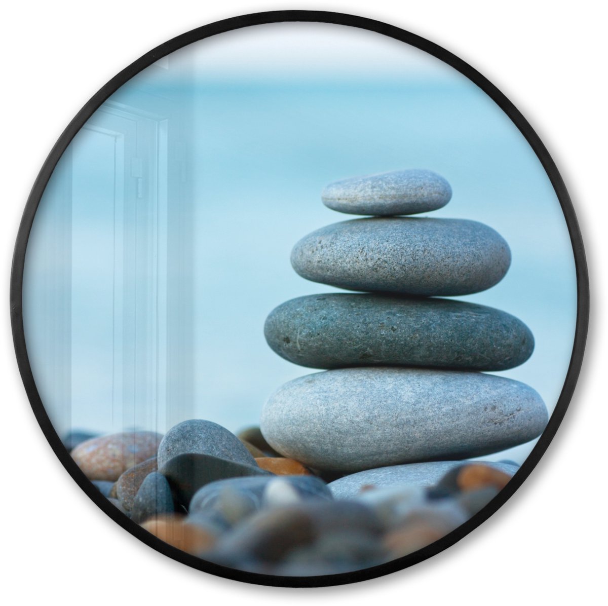 FrameYourWall Poster in lijst Rond - Fotolijst 80x80 cm - Posters - Stenen - Landschap - Zee - Zen - Ronde posterlijst zwart - Decoratie - Wanddecoratie woonkamer - Muurdecoratie slaapkamer Strand