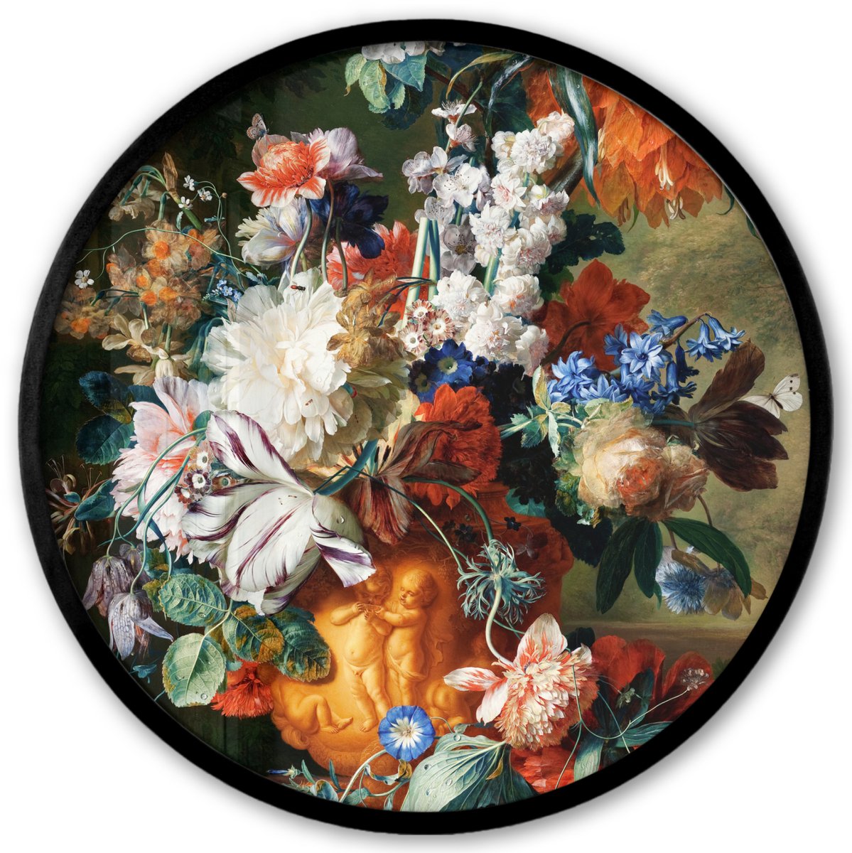 FrameYourWall Poster in lijst Rond - Fotolijst 40x40 cm - Posters - Kunst - Oude meesters - Boeket bloemen in een urn - Ronde posterlijst zwart - Decoratie - Wanddecoratie woonkamer - Muurdecoratie slaapkamer Boeket - Muursticker