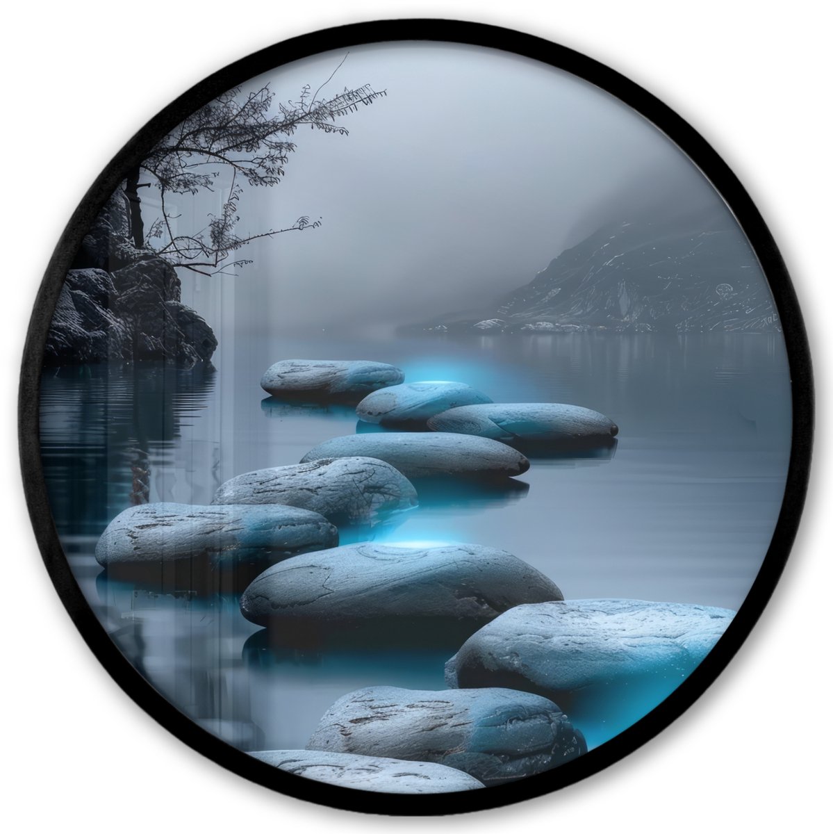 FrameYourWall Poster in lijst Rond - Fotolijst 40x40 cm - Posters - Stenen - Water - Bomen - Natuur - Ronde posterlijst zwart - Decoratie - Wanddecoratie woonkamer - Muurdecoratie slaapkamer Landschap