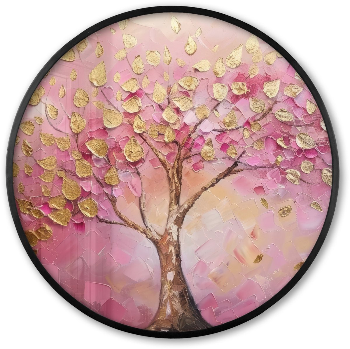 FrameYourWall Poster in lijst Rond - Fotolijst 60x60 cm - Posters - Boom - Roze - Goud - Modern - Ronde posterlijst zwart - Decoratie - Wanddecoratie woonkamer - Muurdecoratie slaapkamer
