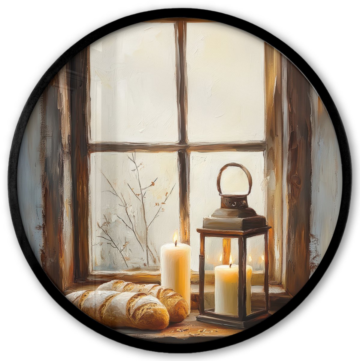 FrameYourWall Poster in lijst Rond - Fotolijst 40x40 cm - Posters - Stilleven - Rustiek - Kaarsen - Broden - Raam - Ronde posterlijst zwart - Decoratie - Wanddecoratie woonkamer - Muurdecoratie slaapkamer