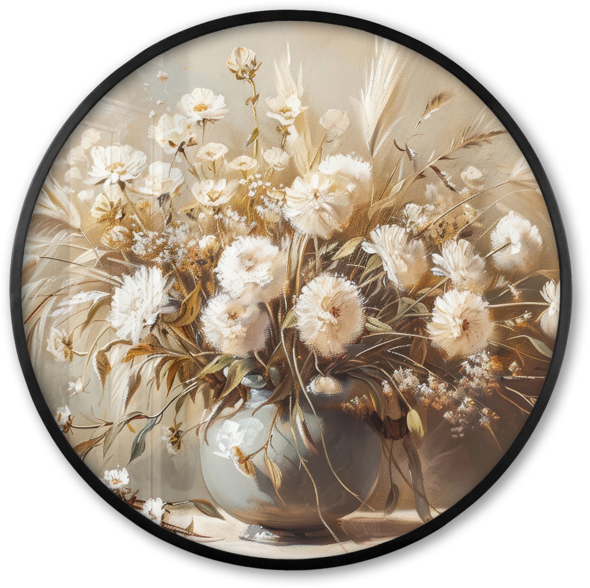 FrameYourWall Poster in lijst Rond - Fotolijst 60x60 cm - Posters - Bloemen - Vaas - Stilleven - Beige - Ronde posterlijst zwart - Decoratie - Wanddecoratie woonkamer - Muurdecoratie slaapkamer